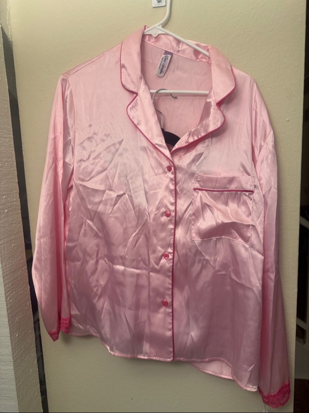Pink Satin Pajama Top with Contrast Piping